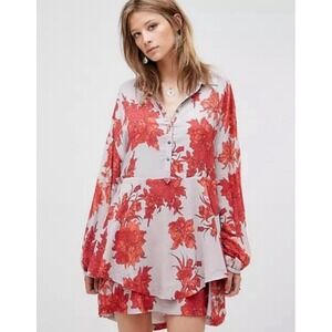 Free People Floral Mini Dress XS Red Gray Boho Long Sleeve Drawstring